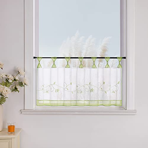 Yujiao Mao Scheibengardine mit Rankenstickerei, Weiß Grün, BxH 120x45 cm | Bistrogardine mit Schlaufen, Transparente Küchengardine, Kurzgardine für kleine Fenster, Sichtschutz, Landhausstil