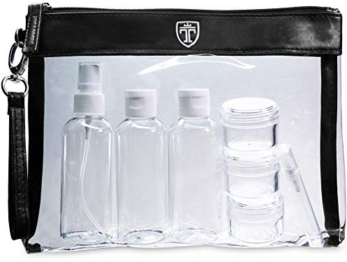 TRAVANDO Trousse de Toilette Transparente + 7 Bouteilles, Pots, Contenants pour Liquides - Kit de Voyage 1l pour l’Avion - Sac Cosmétiques pour Hommes et Femmes