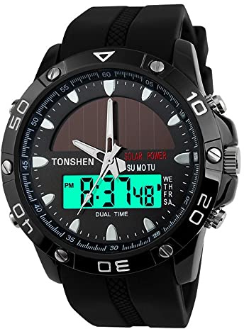 TONSHEN Herren LED Digitaluhr Sportuhr 50M Wasserdicht Solar Uhr Edelstahl mit Silikon Band Analogue Quarzuhr Militäri Tactical Armbanduhr für Männer