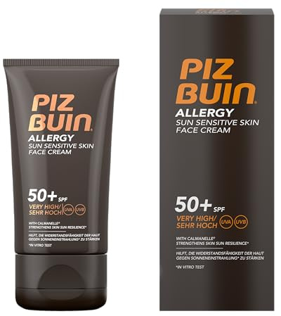 PIZ BUIN Allergy Gesichtscreme, Sonnencreme LSF 50, 50 ml | Wasserfeste Sonnencreme für empfindliche Haut & Allergiker, hoher UVA und UVB-Schutz für das Gesicht dermatologisch getestet