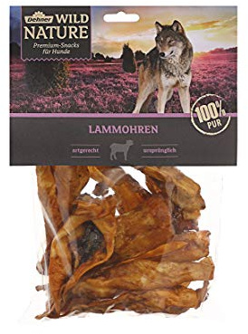 Dehner Wild Nature - Bocadillo para Perros 100% Natural para Masticar para Perros Adultos y sensibles, Apto para Barf, Orejas de Cordero, 200 g