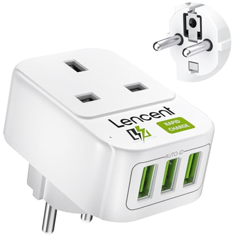 LENCENT UK to EU Euro Europe Plug Adapter with 3 USB Ports, Grounded European Travel Adapter with 3 USB Ports for Spain Germany France Portugal Greece Russia Netherlands Turkey and more (Type E/F)