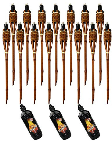 15x Bambusfackeln Fackel Deluxe 90 cm dunkelbraun + 3x 1000ml Lampenöl Gartenfackel Ölfackeln Garten Deko Öllampe Wegleuchte