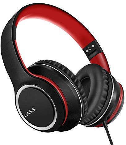 LORELEI X8 Over-Ear Wired Headphones with Microphone with 1.45m-Tangle-Free Nylon Line&3.5mm Plug,Lightweight Foldable & Portable Headphones for Smartphone,Tablet,Computer,Mp3/4(Black-red)