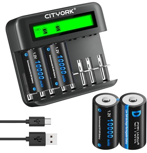 CITYORK Confezione da 4 batterie ricaricabili D Cell 10000 mAh Ni-Mh con 8 slot AA/AAA/C/D Ni-MH caricabatterie