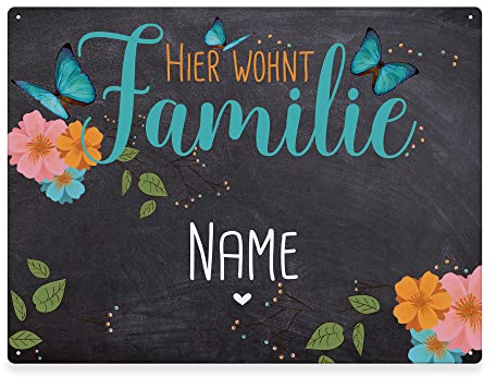 PR Print Royal Haustürschild mit Name - Hier wohnt Familie - Metallschild mit Familienname Personalisieren, Outdoorschild aus Aluminium | Wetterfest, Schmetterling-Motiv, 21x15 cm