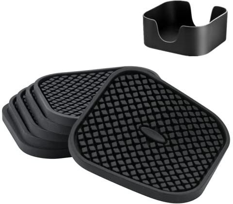 Conjunto de 6 Posavasos de Silicona con Soporte - Profundamente ranurados, absorbentes, Grandes, 4 Pulgadas de diámetro Bebidas frías y Calientes(Cuadrado - Negro)