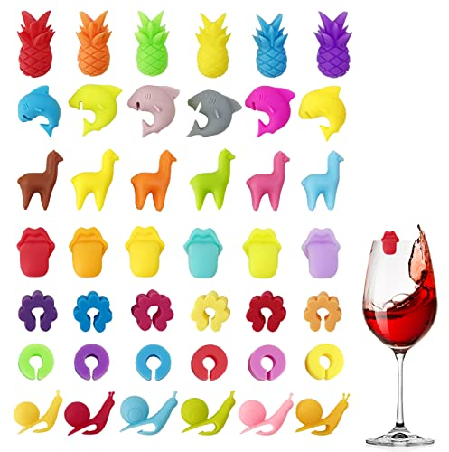 42 Stücke Glasmarkierer Glasmarker Silikon Glas Markierung Trinkgläser Weinglasmarkierer Wein Marker für Partydekorationen Heimgebrauch Glaskennzeichnung Wein Marker Teebeutel Halter