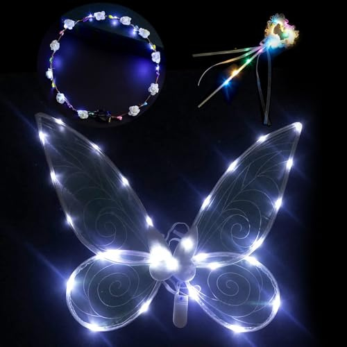 Feenflügel Erwachsene Feenflügel,Feenflügel Leuchtende,Feenflügel Damen,mit Fee Stirnband und Fee Zauberstab,Funkelnde Engelsflügel,Schmetterlingsflügel,für Karneval,Fasching,Mottoparty