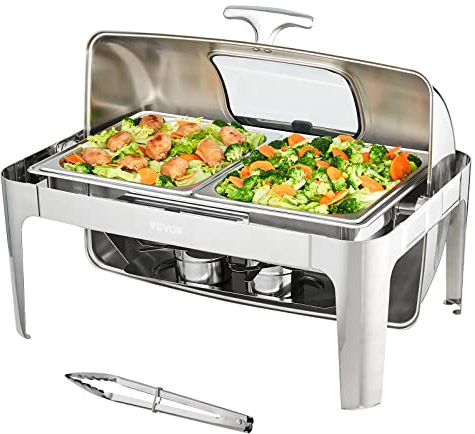 VEVOR 1 Stk. Speisenwärmer Wärmebehälter Chafing-Dish-Set Rolldeckel 5 L x 2, Rechteckig Edelstahl Wärmebehälter Buffet Set inkl. Sichtglasdeckel & Esszange, für Restaurants, Buffets, Schulen usw.