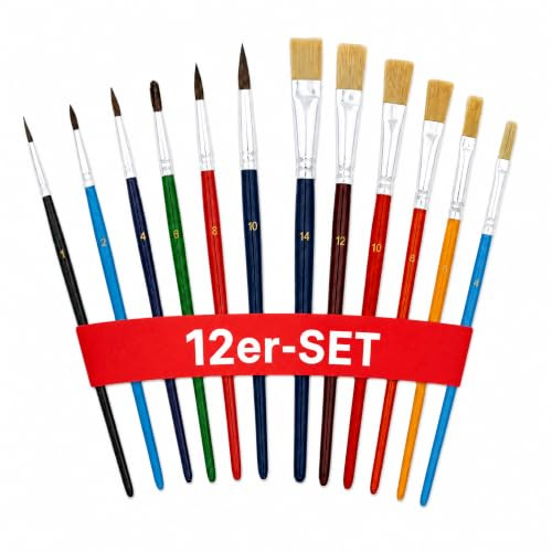 Conipa Pinselset 12-teilig, Haarpinsel & Borstenpinsel, Größen 1–14 | Malpinsel-Set mit Rund- und Flachpinseln für Acryl-, Aquarell- und Ölmalerei – für Schüler, Hobby-Maler und Künstler