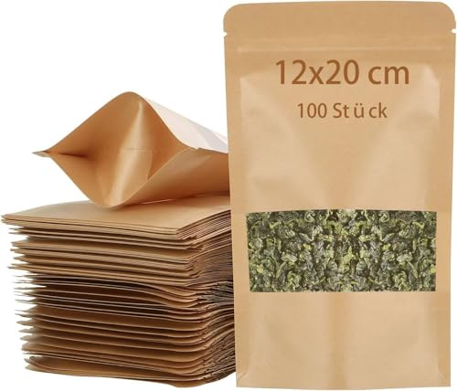 AKOLAFE 100 Stück Papiertüten mit Fenster 12x20 cm Kraftpapiertüten Braune Kekstüten Luftdichte Gewürztüten Hochwertig Kraftpapier Tüten für Süßigkeiten, Nüsse, Kaffeebohnen, Gewürze, Teeblätter