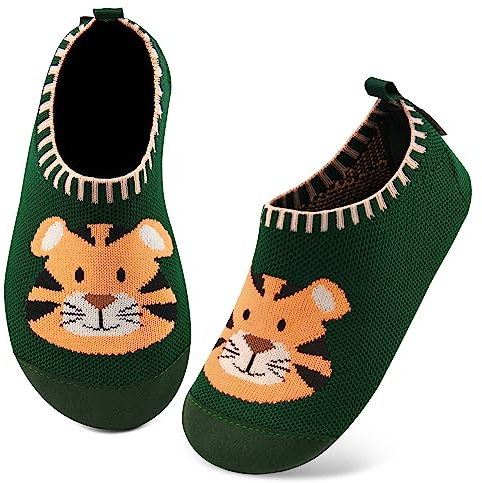 Kyopp Hausschuhe Kinder Junge Mädchen Pantoffeln Rutschfest Barfussschuhe Kindergarten Slippers für Atmungsaktive Weich Lauflernschuhe Kleinkinder Schuhe(Tiger-Grün 24/25EU)