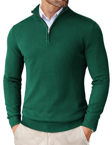 COOFANDY Tröja herr troyer herr polotröja pullover stickad tröja vintertröja varm tröja smal passform 1/4 dragkedja hals långärmad tröja, Mörkgrön, 3XL