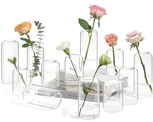 ComSaf Small Flower Vase Set of 12, Glass Bud Vases in Bulk, Clear Vases for Flower, Decor Centerpiece for Bathroom, Decorative Vases for House Warming, Valentines' Day, Mother's Day, Thanksgiving Day