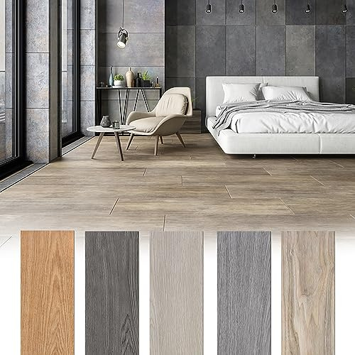 Yznahre Vinylboden Selbstklebend PVC Bodenbelag, Fliesen Vinyl Holzoptik Bodenaufkleber Wasserdicht Verschleißfest, für Bad Küchen Garage, 91,44 x 15,24 cm, Dicke 2 mm, 36 stück - 5m², Grau