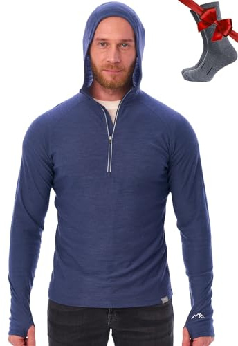 Merino.tech 100% Merino Wool Base Layer Men Lightweight Hoodie - Merino Wool Long Sleeve for Outdoor Adventures (Windsor Blue, L)