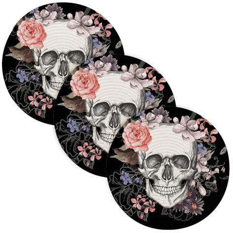 Topfuntersetzer für heiße Gerichte, 38,1 cm, Baumwollgarn, hitzebeständig, Untersetzer für Teekanne, Löffelablage zum Kochen und Backen, Totenkopf-Blumen, Tag tot, Vintage, 3 Stück