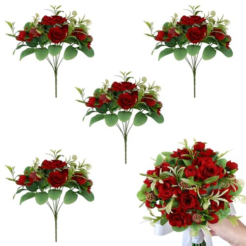 Hobyhoon 4 Bundles Artificial Rose Flowers Bouquets Fake Mini Silk Roses Flower Outdoor with Foliage 7 flower heads Decor for Wedding Home Office Garden