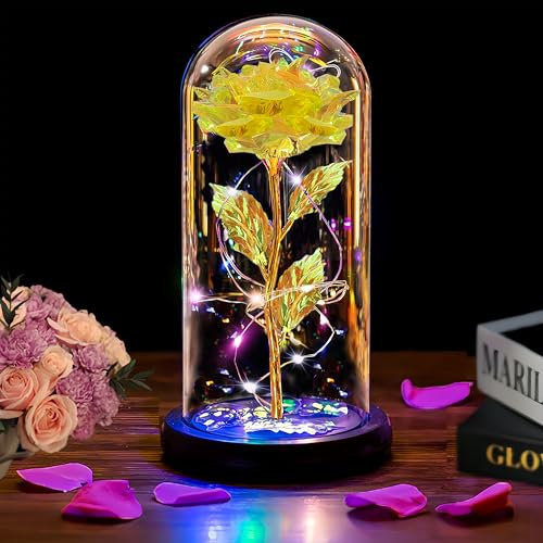 Valentines Day Gifts for Her , Valentines Rose Flowers Gifts for Women Mom Wife Girlfriend Wife Daughter Grandma,Light Up Rose In A Glass Dome Gifts for Mom ,Birthday Gifts for Women, Yellow Rose