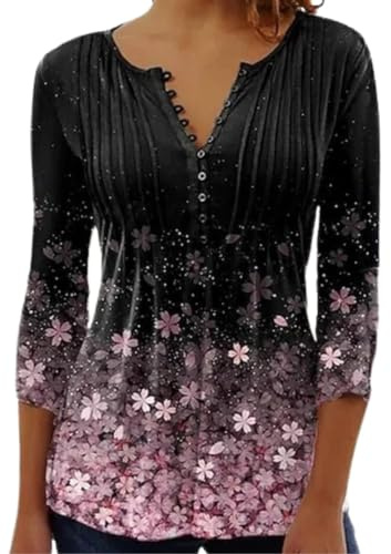ABYOVRT Chemise Manches 3/4 Femme Tunique Boutons Tee Shirt à Floral Col V Blouse Top pour Femmes,Noir,S