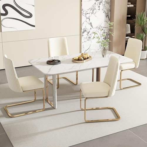 Merax Schwingstuhl 4er-Set, Samt Esszimmerstühle mit Metall-Stützbeinen, bequemer Freischwinger Stühle für Wohnzimmer, Schlafzimmer, Samt, Beige & Gold