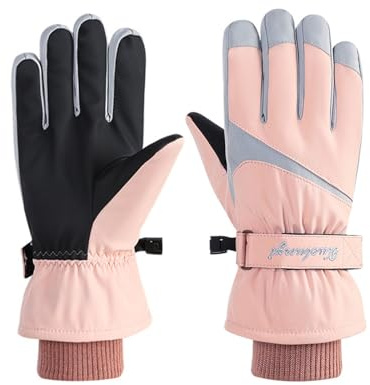 Andiker Guantes de esquí, guantes térmicos impermeables y resistentes al viento, guantes de invierno con pantalla táctil antideslizante con hebilla antipérdida para esquiar al aire libre (Rosa, talla