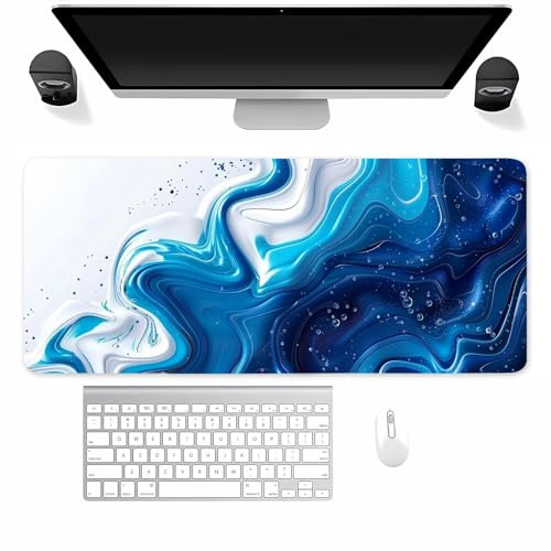 Mauspad Gaming, Mousepad Groß Weiß Blau Flüssigkeit, Mouse Pad XXL 900x400x2mm, mit Einer speziellen Oberfläche und Anti Rutsch Gummi Basis, verbessert Präzision und Geschwindigkeit für Zuhause, Büro