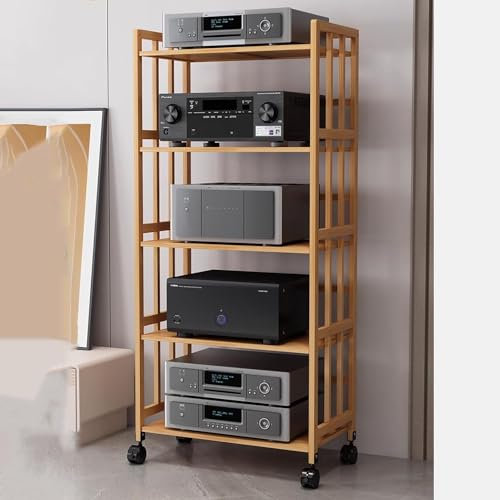 Elitix HiFi Rack Beweglicher Audiogeräteschrank mit Verstellbarem Regal, Heimstereo-Racksystem Komplett für CD-Player und Lautsprecher, 1-5-stufiger AV-Komponentenständer(Natural,80x158cm)
