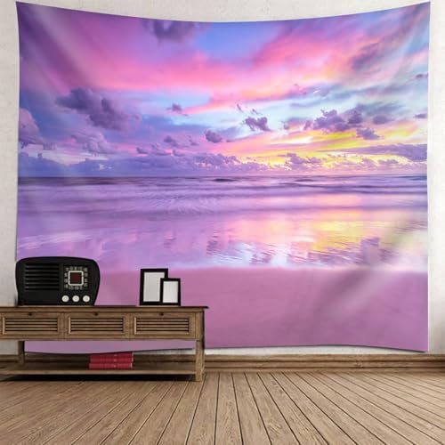 Mesnt Wandteppich Strand XXL 240x220, 240x220cm Strand Meer Sonnenuntergang Landschaft Tapisserie Dekoration für Schlafzimmer Wohnzimmer | Rosa