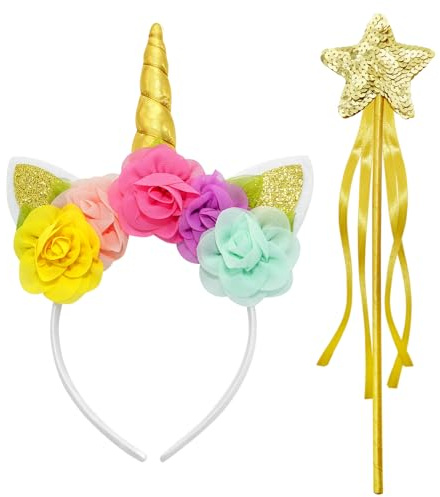 ROSAUI Einhorn Haarreif und Zauberstab, Goldenes Einhorn-Stirnband und Glitzer Zauberstab, Einhorn Kostüm Accessoire für Damen, Einhornkostüm Haarschmuck Accessoire Halloween, Weihnachten, Karneval