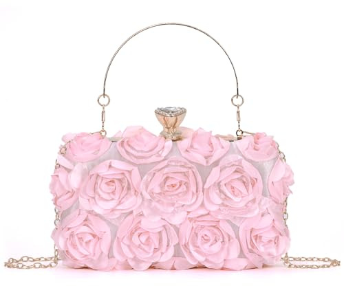EVEOUT Satin Rose Clutch Tasche für Damen Elegante Satin Blume Hochzeitstasche mit Kette Rose Abendhandtasche für Party Abschlussball Brauttasche