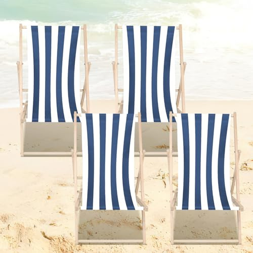 ISOISL 4er Set Liegestuhl klappbar Holz, Strandstuhl, Bis 150 kg, Sonnenliege strapazierfähiger Klapp-,Garten, Strand, Camping- und Reisebegleiter(blau und weiß gestreift)