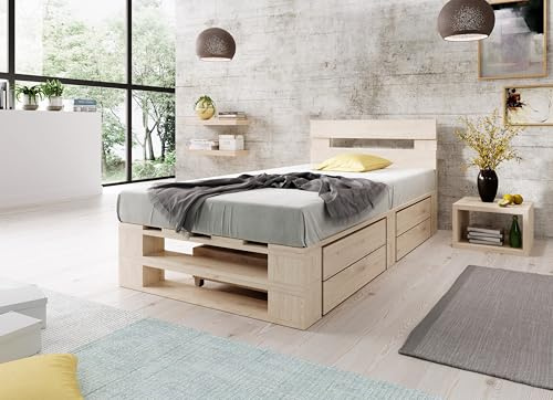 Lermowood Palettenbett M2 aus Holz 90 x 200 cm Natur mit Kopfteil und 2 Bettkästen Holzbett 40cm Stabiles Seniorenbett Kinderbett Jugendbett Gästebett erhöhtes Bettgestell Futon Komforthöhe Naturholz