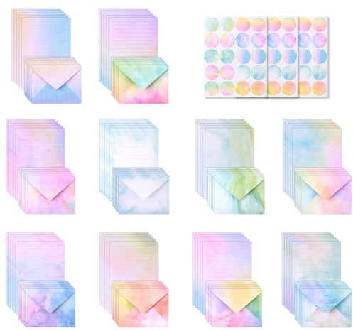 Letter Paper and Envelopes Sets 50Sheets A5 Letter Papers and Envelopes with 60Pcs Sealing Sticker Printer Friendly Both Sides Printed Pretty Watercolor Writing Stationery for Thanksgiving Mothers Day