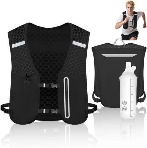 Snowtain Gilet Running Uomo Donna con Borraccia Pieghevole 500ml, Gilet Sportivo Traspirante Leggero Regolabile con Tasche Riflettenti per Trail Jogging Bici Escursionismo