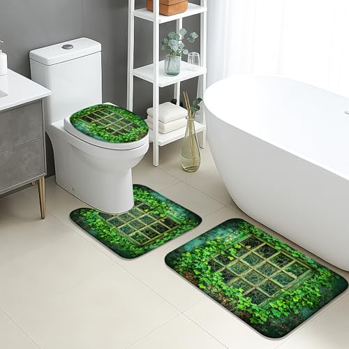 Juego de 3 alfombrillas de baño de hiedra vintage verde, rústicas, florales, absorbentes, antideslizantes, en forma de U, lavables, decoración del hogar, de espuma viscoelástica, de secado rápido