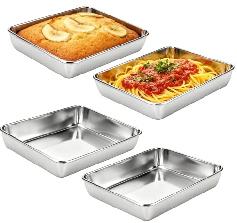 HONYUET Small Deep Baking Tray Set of 4, Rectangle Stainless Steel Cake Baking Tin Trays for Cakes Breads Pizzas, 25.5 x 19.8 x 5.2cm