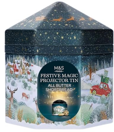 M&S Festive Magic Projector Tin, All Butter Shortbread, Christmas Edition, Hexagonal Winter Scene Design with Light Projection, 300g
