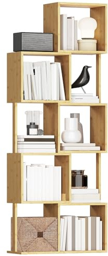 HOMCOM Libreria Scaffale 5 Ripiani a Forma di S 62.5x23x165 cm Color Legno | in Bambù, Suddivisi, Libreria Verticale Salvaspazio Slim, Scaffale Portaoggetti, Soggiorno Camera da Letto Ufficio