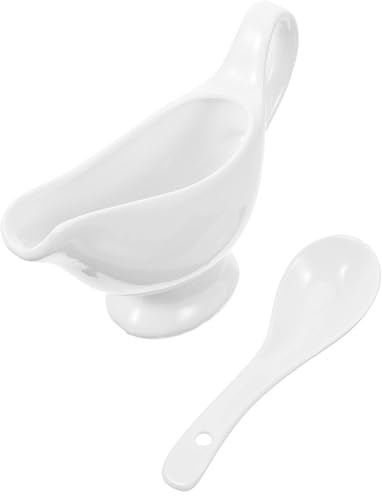 Toyvian Ceramic Sauce Boat with Handle and Deep Spoon 175ml Gravy Dispenser Condiment Bowl Set for Steak Serving in Kitchen and Dining 2pcs