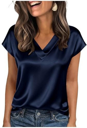 GMQWRK Satin V-Neck Shirt for Women UK Short Sleeve Silk Tops Ladies Silky Blouse Dressy Loose-Fit Shiny Satiny Top Summer Casual Office Work Shirts Everyday Daily Wear Navy