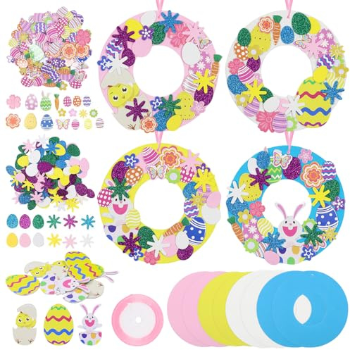 Giugio 8pcs DIY Couronne de Paques, Bricolage Paques Enfant, Paques Couronne à Décorer avec Autocollant en Mousse, Décoration de printemps, Décoration de Pâques, pour garçons et filles
