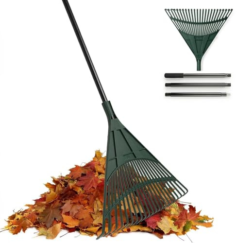fuuwuu Leaf Rake for Gardening 24 Tines Light Weight Poly Shrub Rake with Long Handle, Picking up Leaves and Pine Cones 160cm, Green