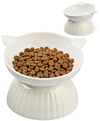 Olinner Gamelle Chat Surélevée Inclinée Céramique – Bol Ergonomique | Bol gamelle pour chat en céramique 14,1x12,5 cm 200 ml, socle acrylique 11,9x4,8 cm, inclinaison 15°, protéger le cou