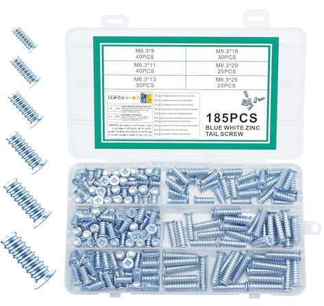 185 Pcs Tornillos Europeos, Tornillos Prisioneros para bisagras de puertas, cajones, guías, armarios de cocina, roperos y muebles, M6.3 x (8 x 11/13/16/20/25) mm