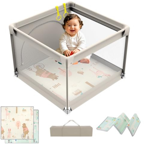 YOBWOK Laufstall Baby mit Matratze,90x90cm Laufgitter Baby Faltbar,mit Matte Schaum,Atmungsaktivem Netz und Reißverschlusstür,Kleines Laufstall,Playpen Rutschfeste Basis