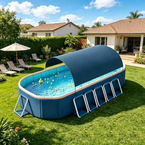 Piscine Non Gonflable Pliable, Piscine Exterieur pour Jardin avec Auvent – Structure Acier, PVC Haute Densité, Double Vidange, Piscine 365x250x50 Cm pour 1-10 Personnes, Adultes & Animaux