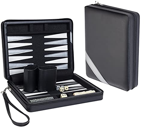 Compact Travel Magnetic Backgammon with Carrying Strap - Black with Grey Stripe