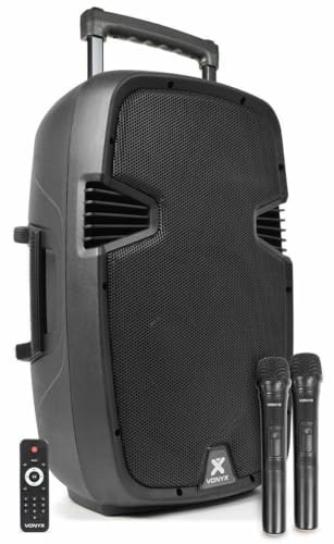 Vonyx SPJ-PA912 Enceinte Sono Portable avec micros sans fil – 500W Max, Bluetooth, USB/SD/MP3, Boomer 12, Batterie intégrée, poignée, emplacement pour pied de fixation, enceinte légère et robuste
